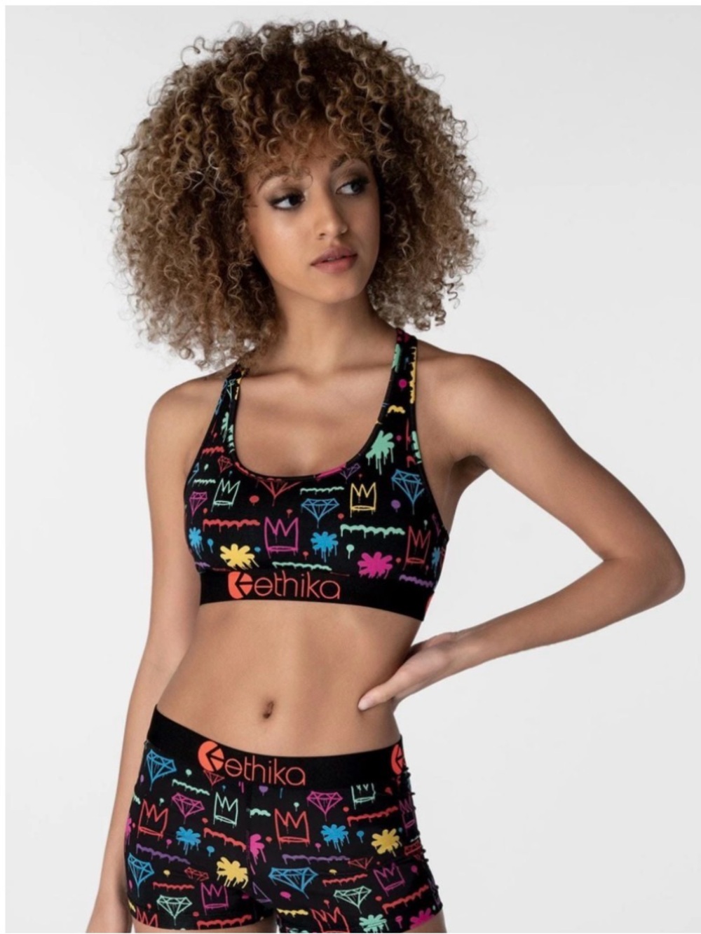 Ethika King Pin Sports Bra w/ colorful graffiti, black, size Large, like new!